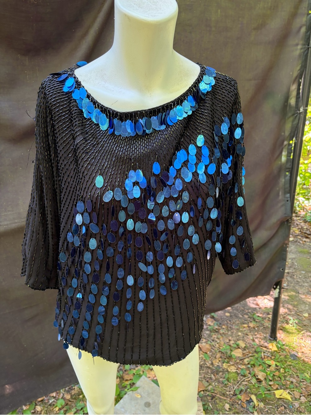 Oleg Cassini Black Top with Blue Sequin Accents